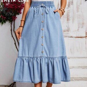 Drawstring Denim Maxi Skirt Small